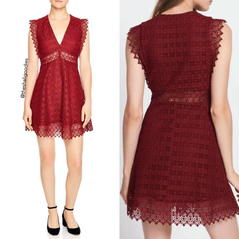 NEW SANDRO Lindsey Dress Red Lace V Neck Geometric - Picture 2 of 8